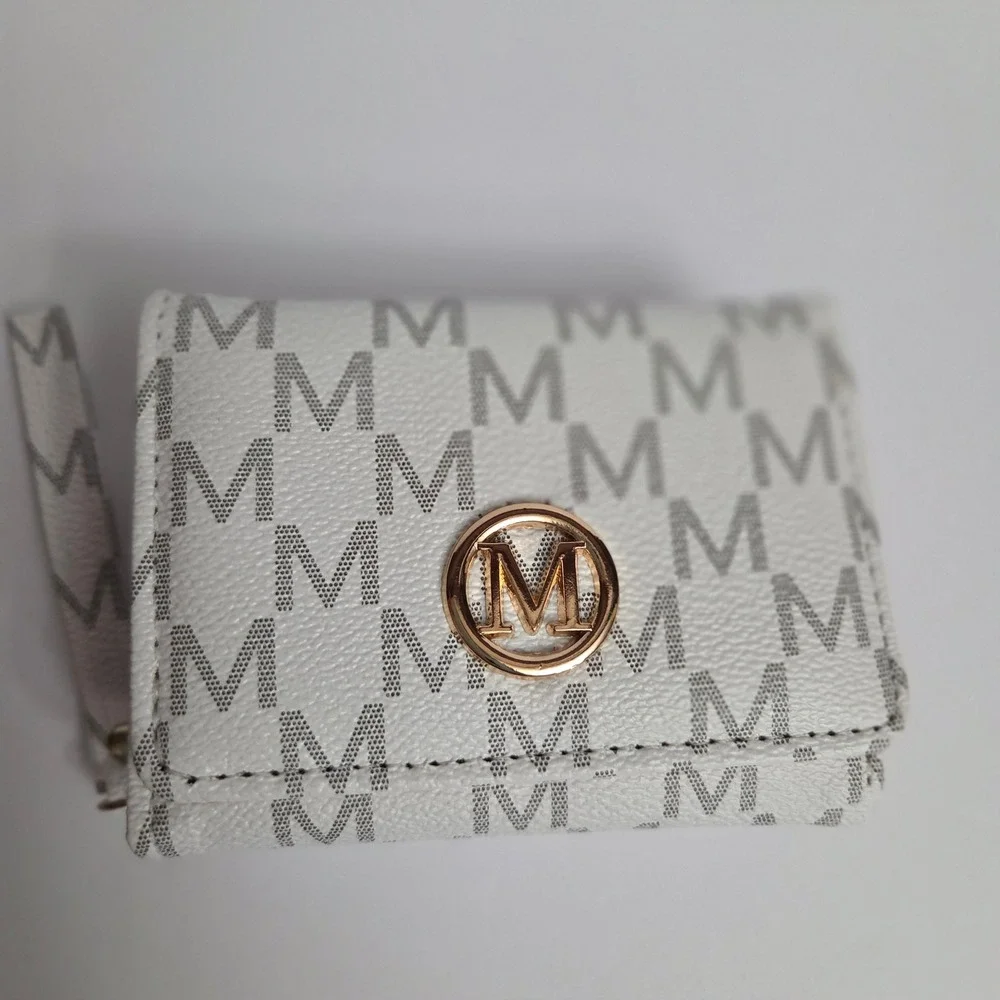 White Monogram M Print Tri-Fold Wristlet Wallet Gold Tone Hardware Pink Interior